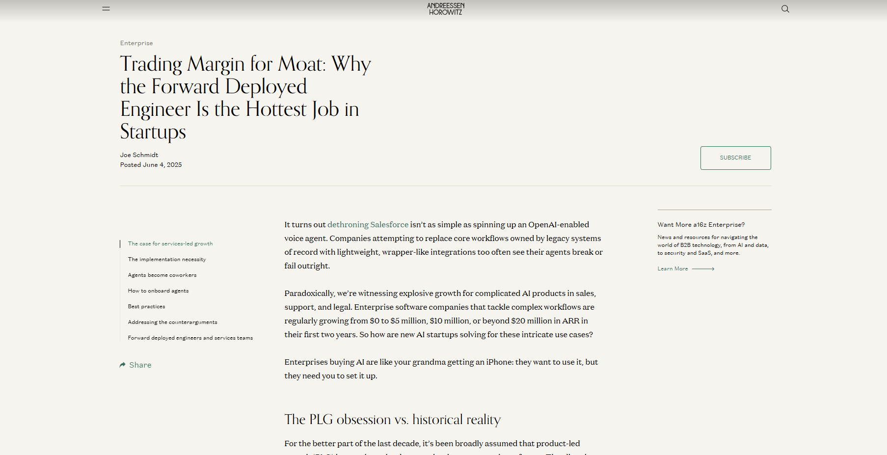 The a16z essay arguing that the forward deployed engineer is the hottest job in startups