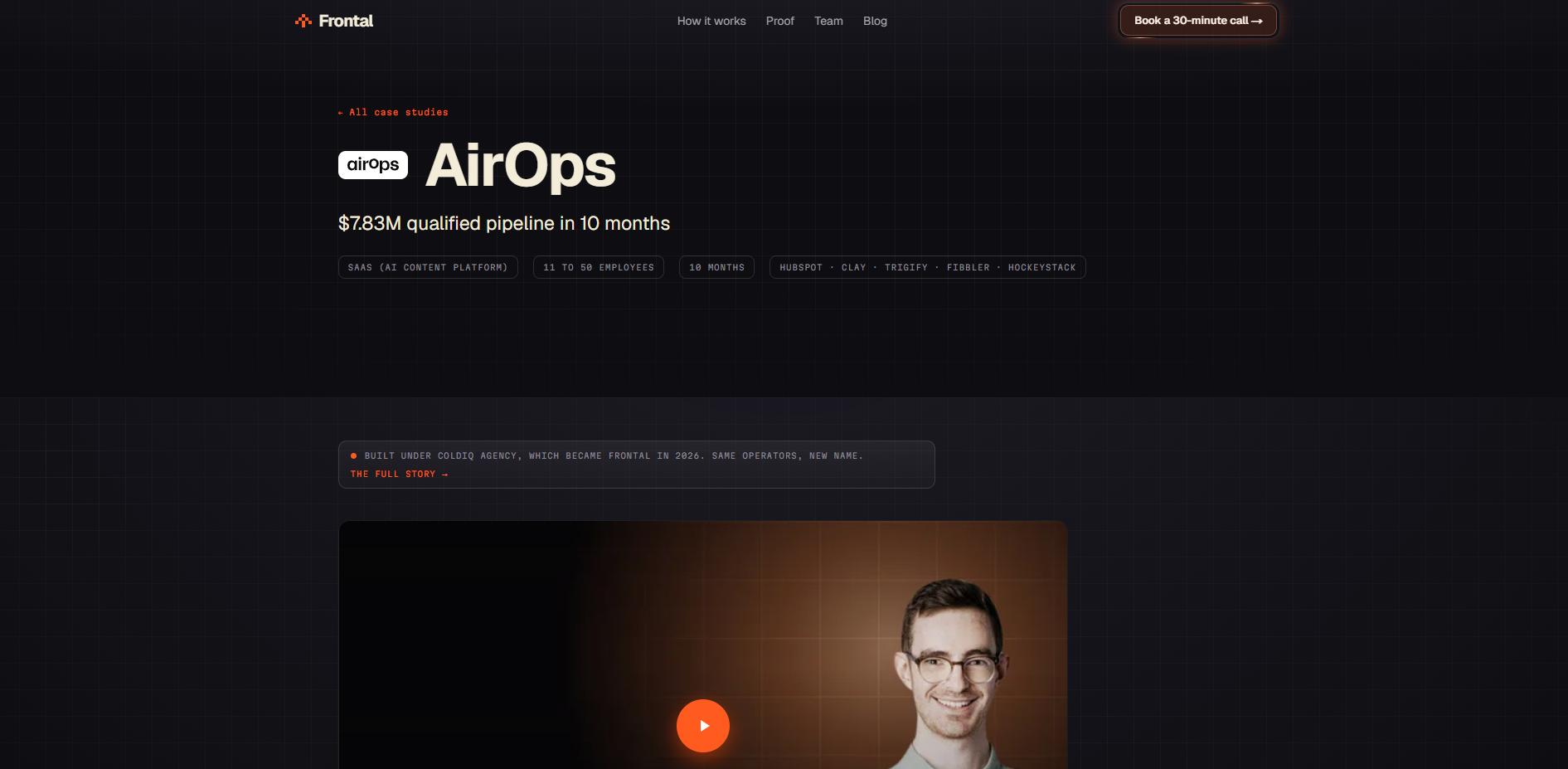 The AirOps case study on frontal.so, showing $7.83M qualified pipeline in 10 months