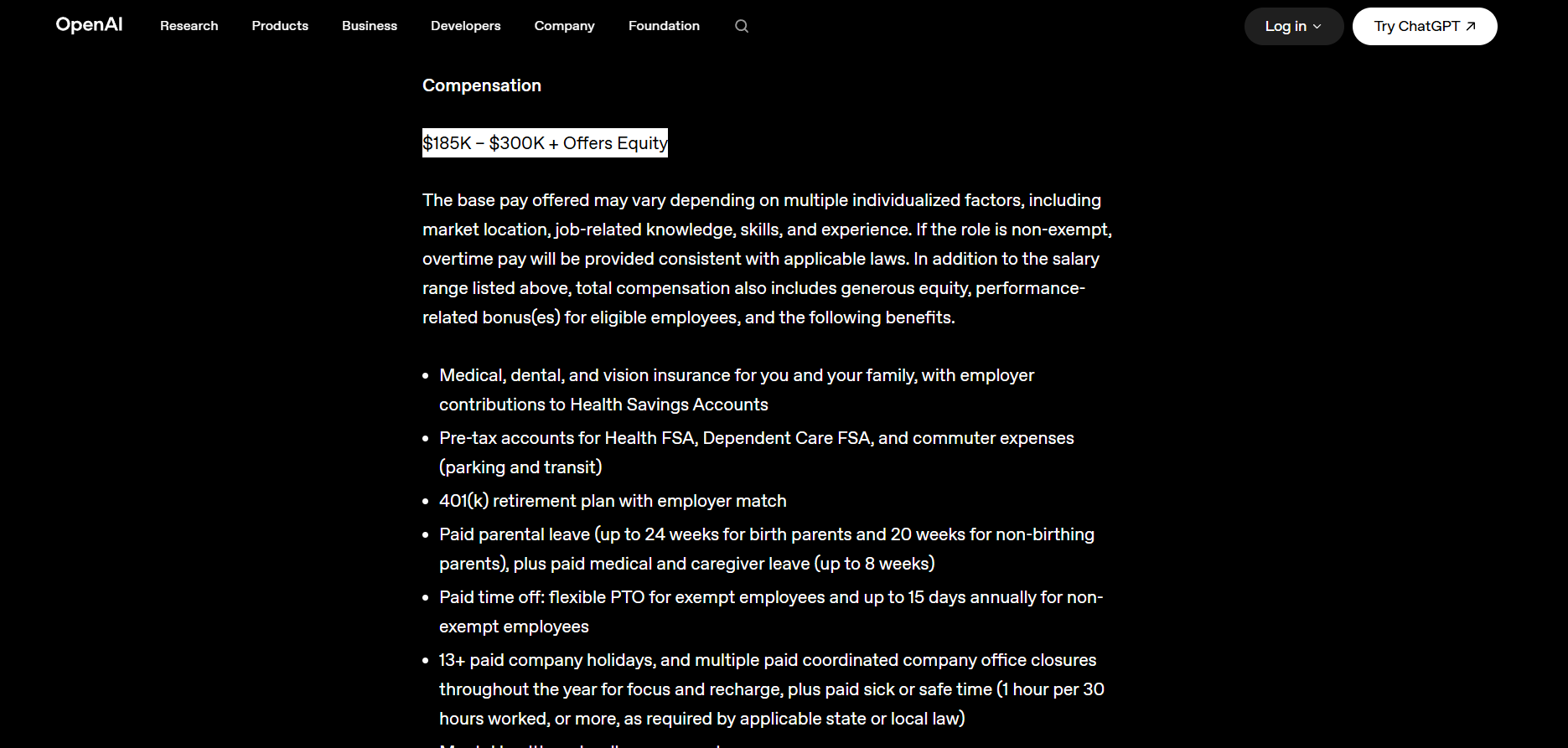 The compensation section of OpenAI's forward deployed engineer listing, showing $185K to $300K plus equity