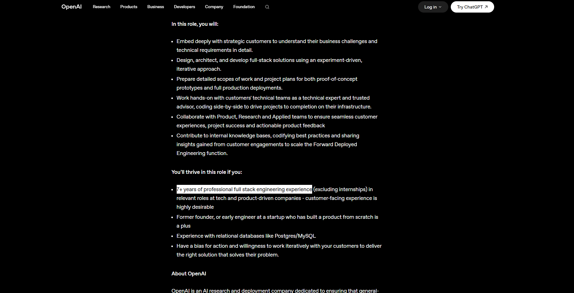 OpenAI's forward deployed software engineer post, asking for 7+ years of full stack engineering experience