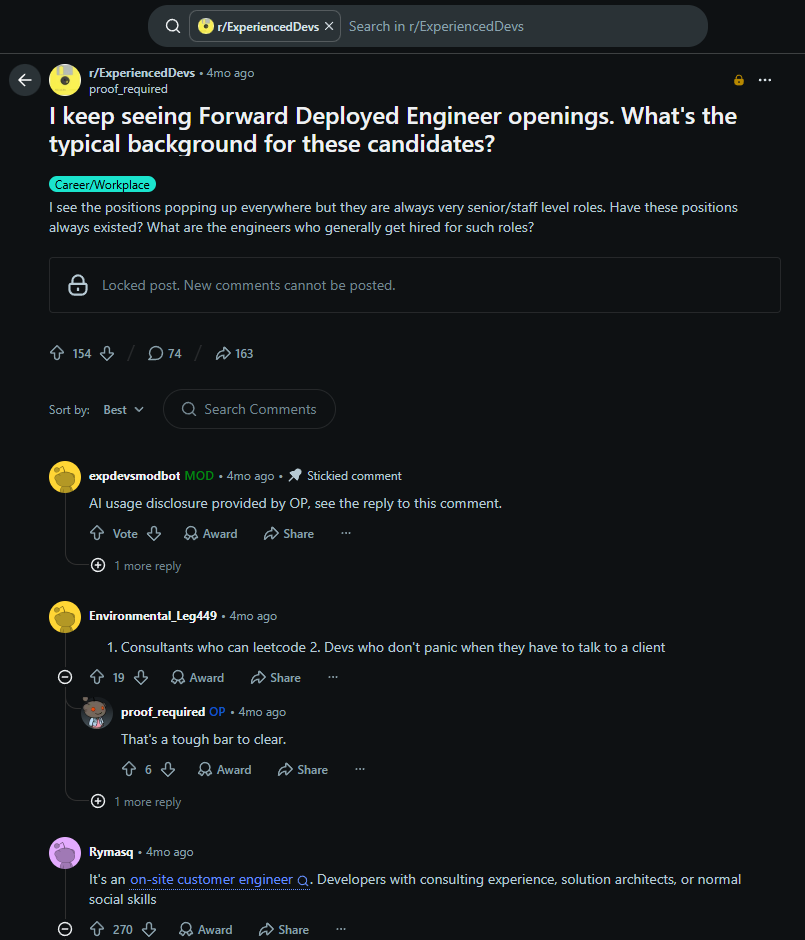 An r/ExperiencedDevs thread asking what the typical background is for forward deployed engineer openings