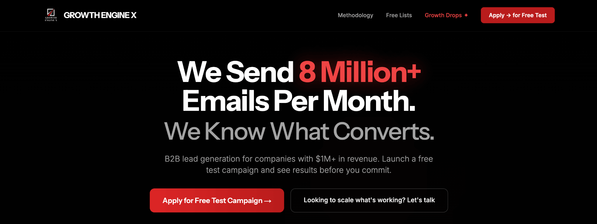 Growth Engine X homepage, a GTM engineering agency for high-volume cold email