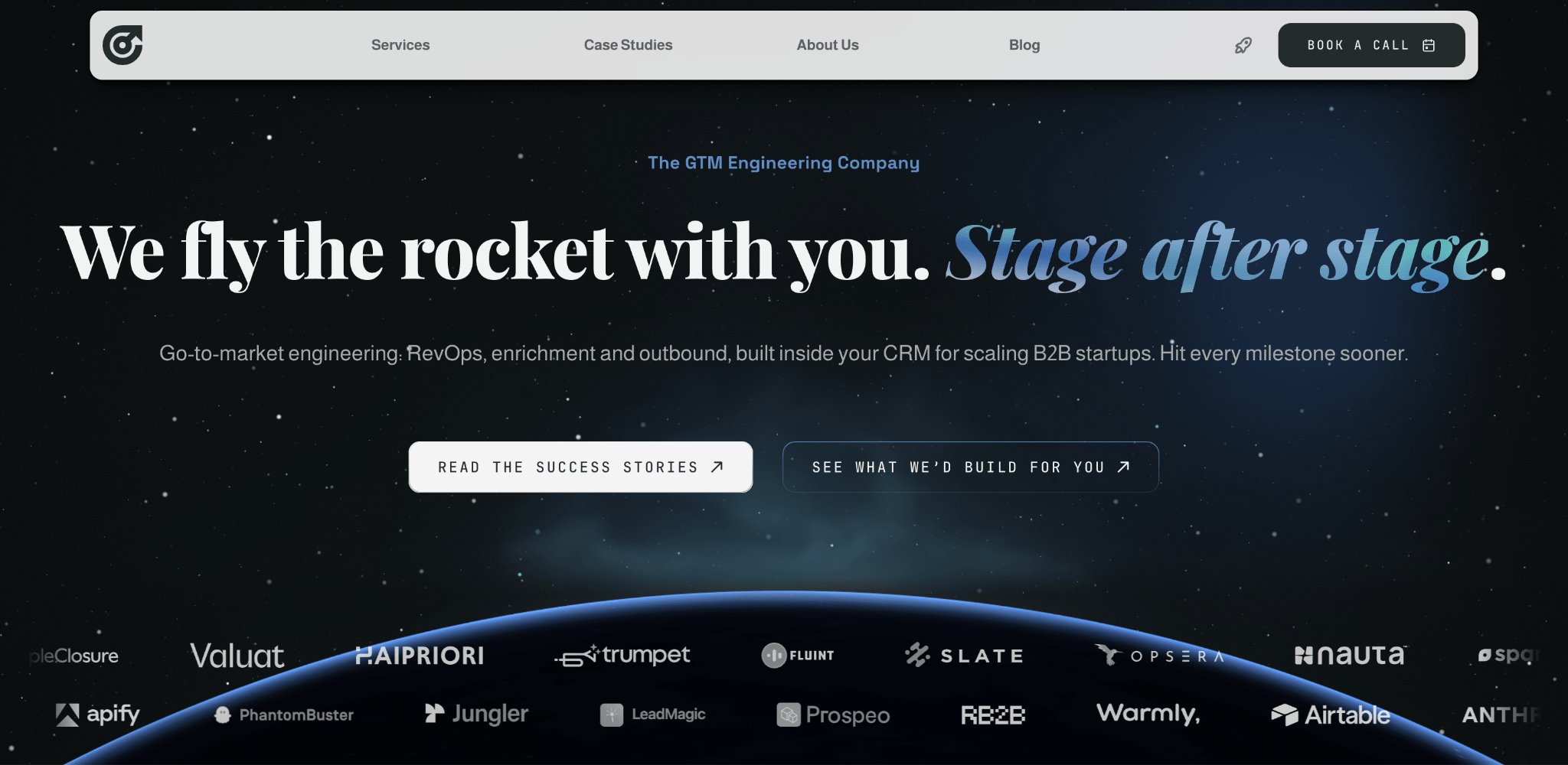 The GTM Engineering Company homepage, a fractional Clay-core GTM engineering agency